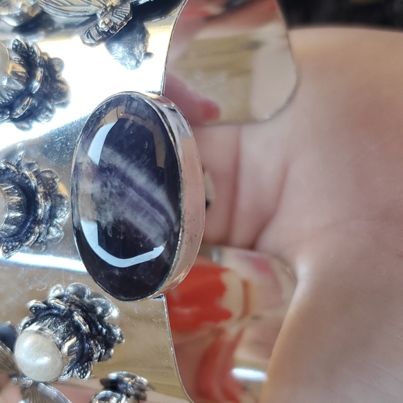 New Chevron Amethyst & Pearl 925 Silver Butterflies Adjustable Cuff Bracelet. - Picture 5 of 14